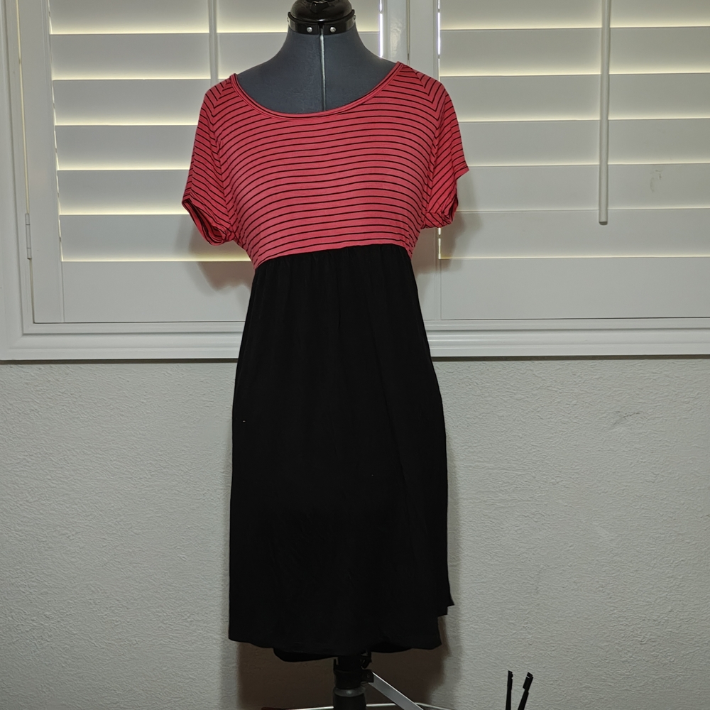 MaCherie Pink and Black Striped Maternity Midi Dress